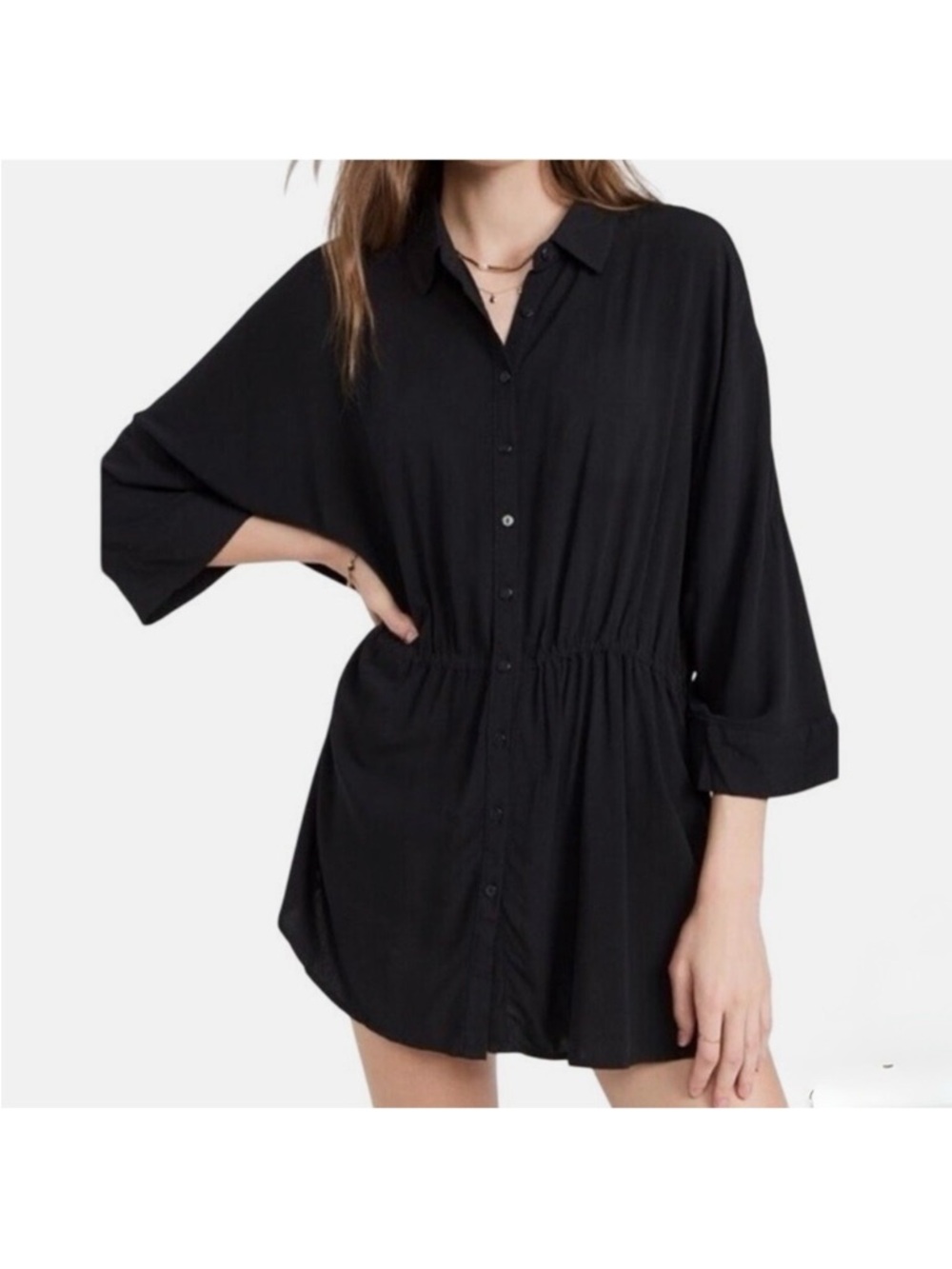 L*Space Pacifica Tunic Black Button Down Drawstring Waist Cover Up NWT $99